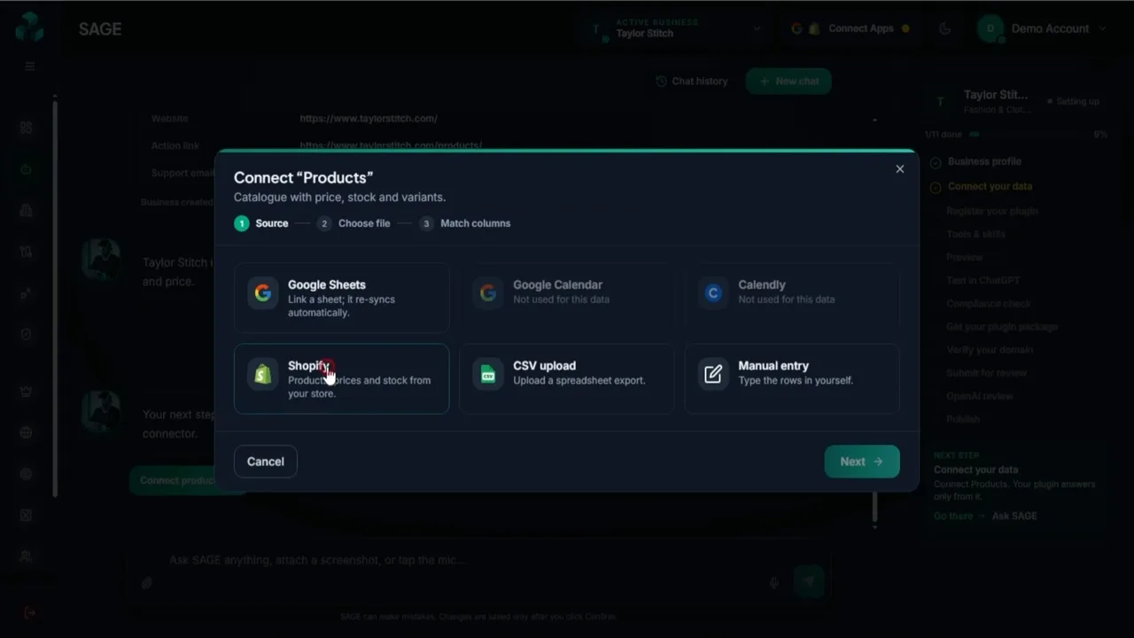 BizInGPT Connect Products dialog with Google Sheets, Google Calendar, Calendly, Shopify, CSV upload and manual entry