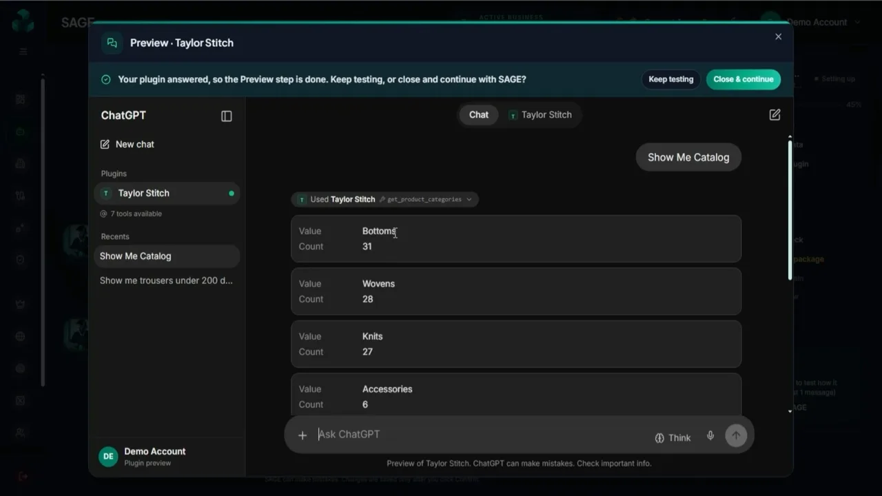 BizInGPT plugin preview answering Show Me Catalog with product categories and counts