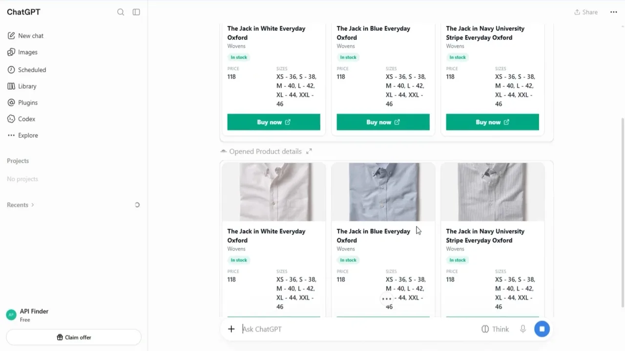 ChatGPT showing product cards from a BizInGPT plugin with prices, sizes, in stock tags and Buy now buttons