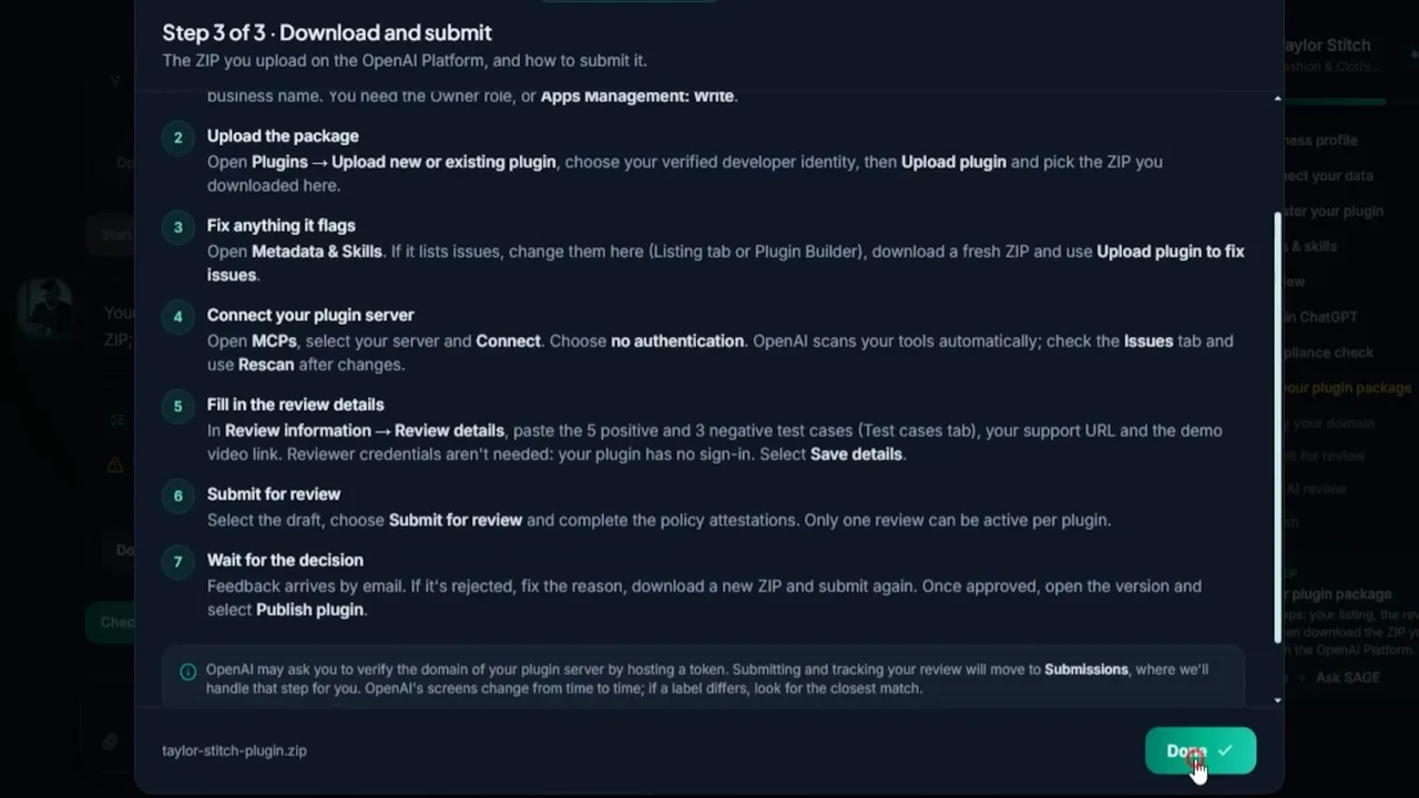 BizInGPT Download and submit instructions for uploading the plugin package to the OpenAI Platform