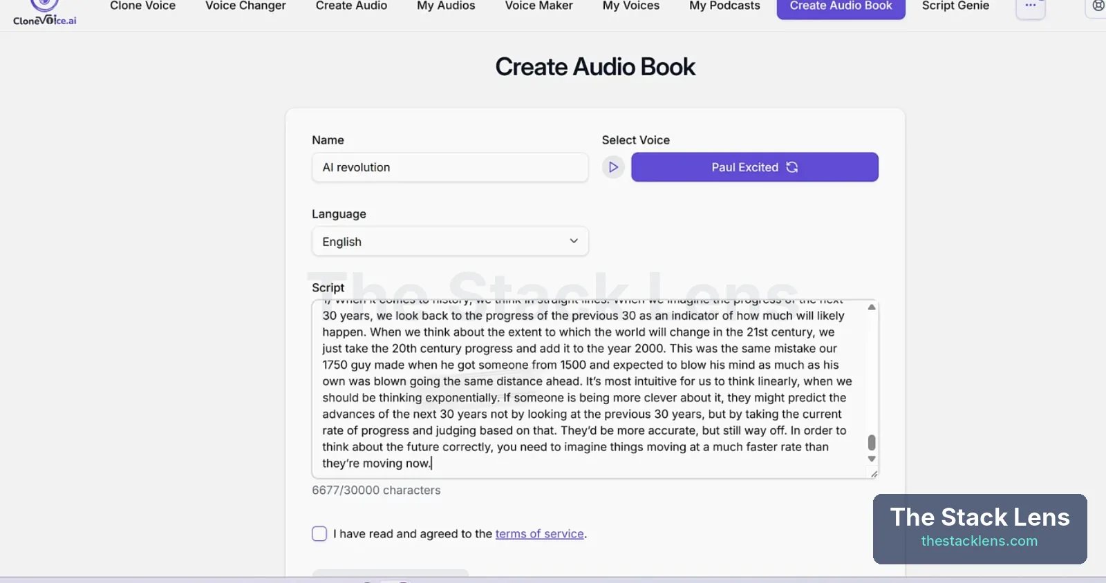 CloneVoice AI Create Audio Book with name, voice, language and a long script at 6677 of 30000 characters