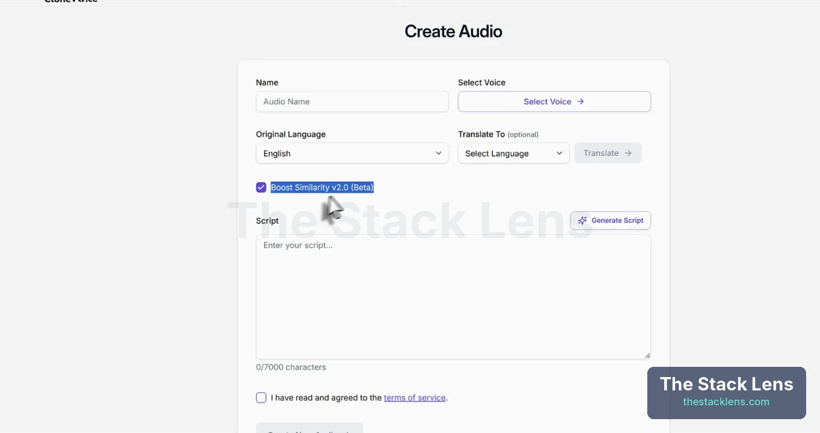 CloneVoice AI Create Audio screen with voice, original language, Translate To, Boost Similarity and script box