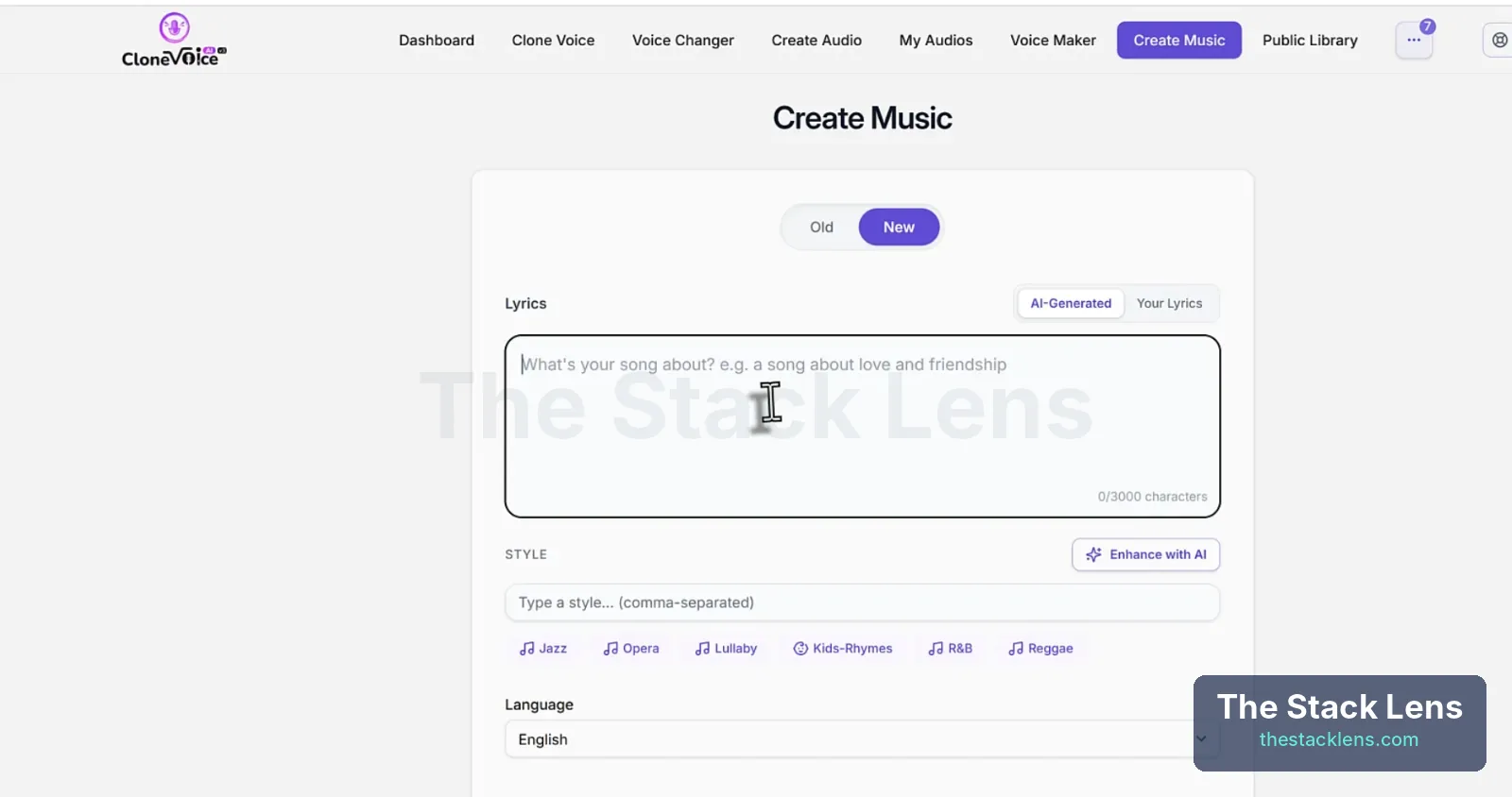 CloneVoice AI Create Music with lyrics box, style tags like Jazz, Opera, Lullaby, Kids-Rhymes, R&B, Reggae and language