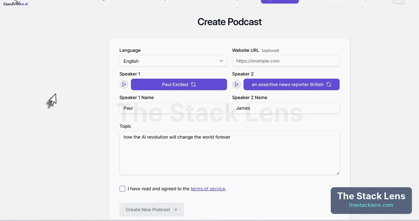 CloneVoice AI Create Podcast with language, website URL, two speakers named Paul and James, and a topic
