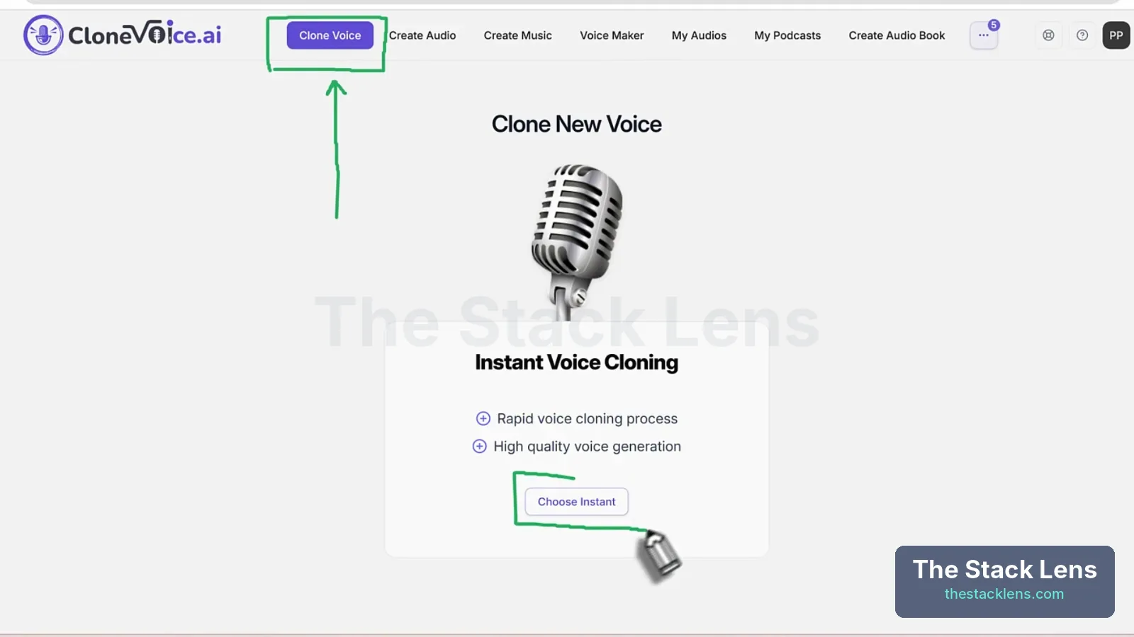 CloneVoice AI Clone New Voice screen with Instant Voice Cloning and a Choose Instant button