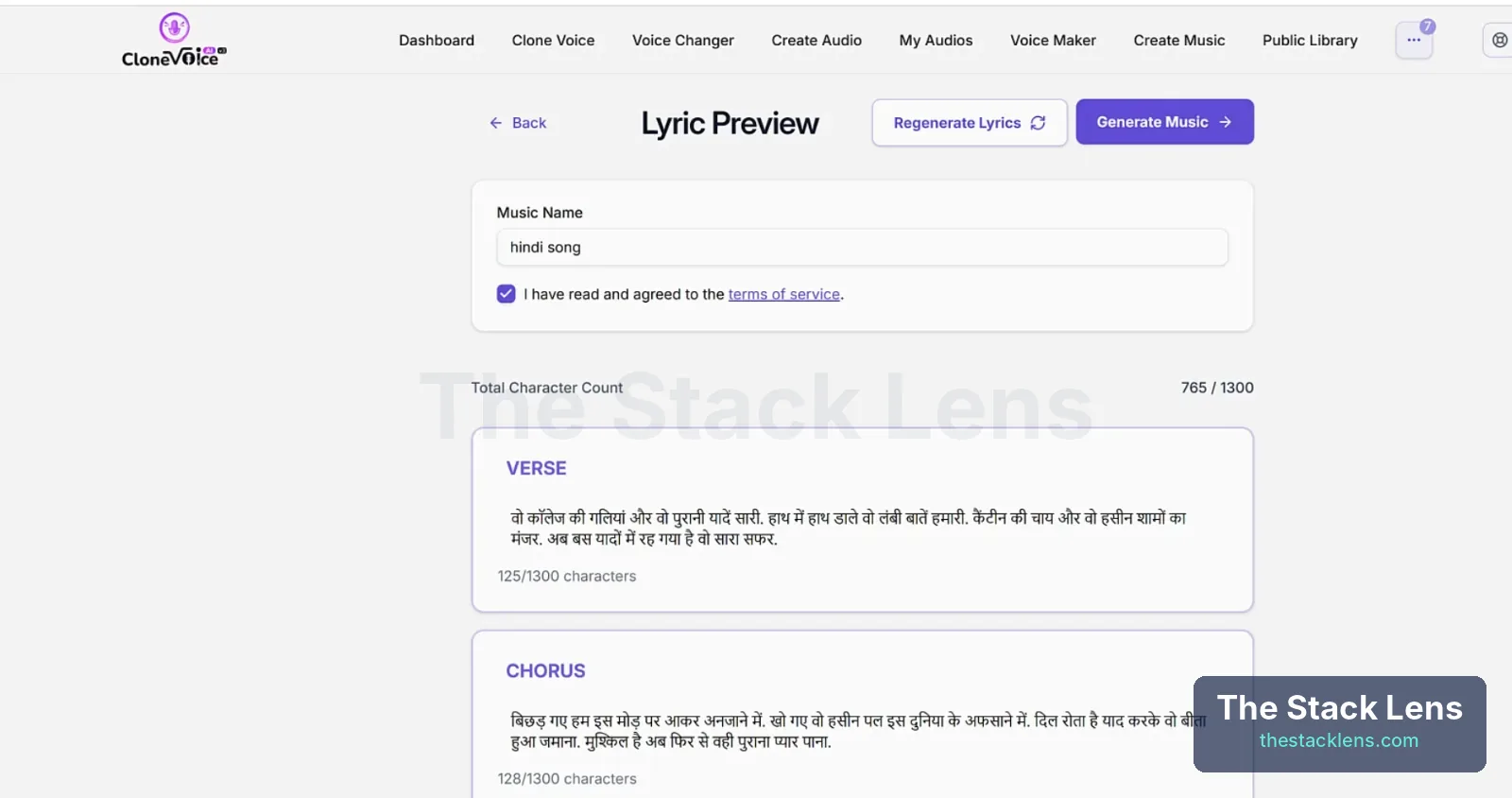 CloneVoice AI Lyric Preview with Hindi verse and chorus and 765 of 1300 characters used