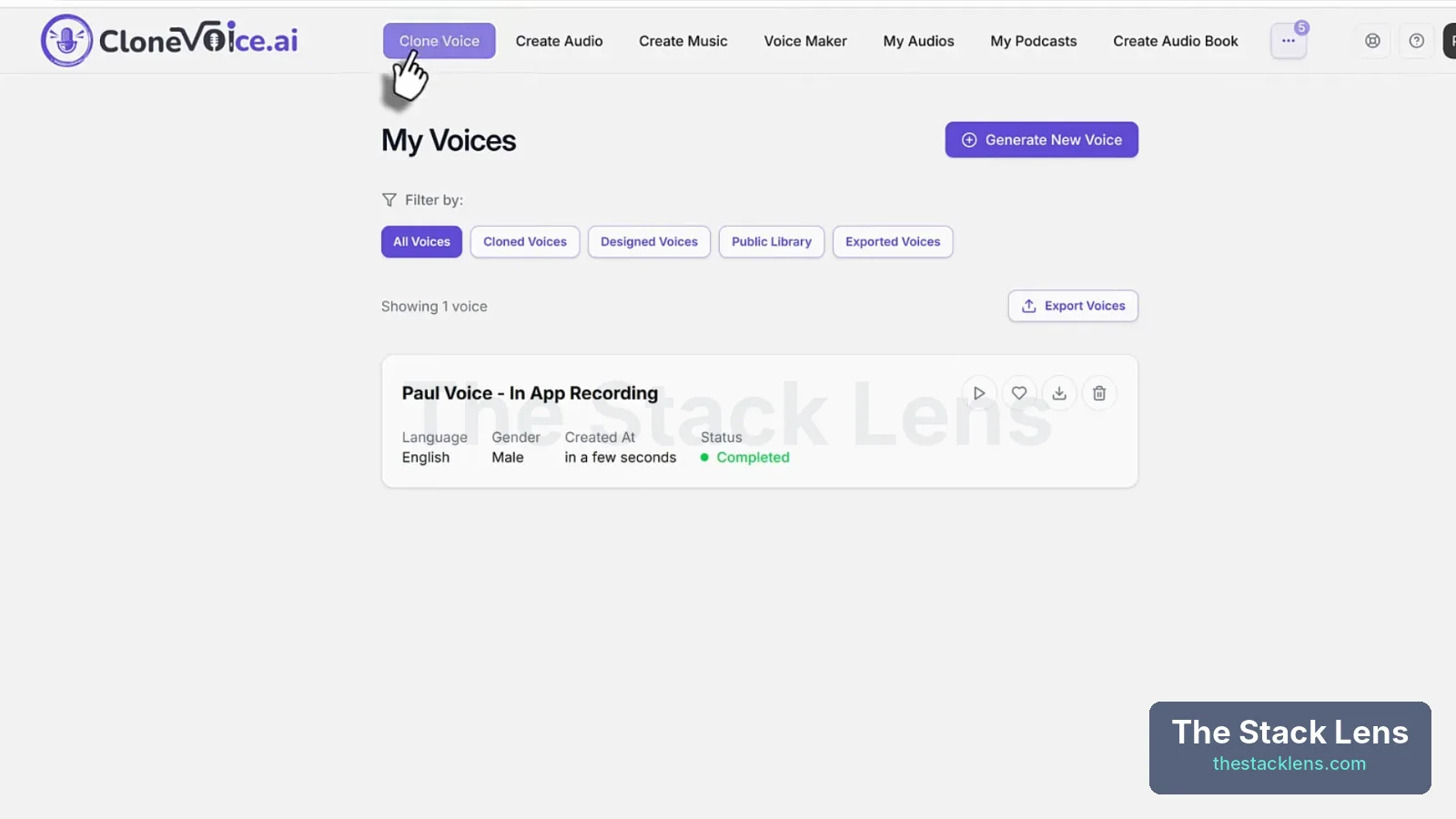 CloneVoice AI My Voices page showing a completed cloned voice with filters