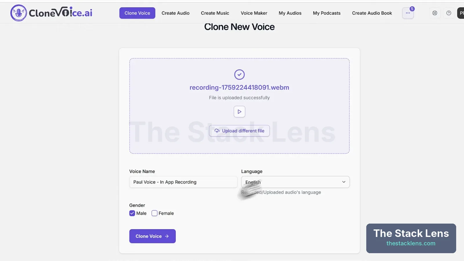 CloneVoice AI form with voice name, language English, gender and Clone Voice button after uploading a recording