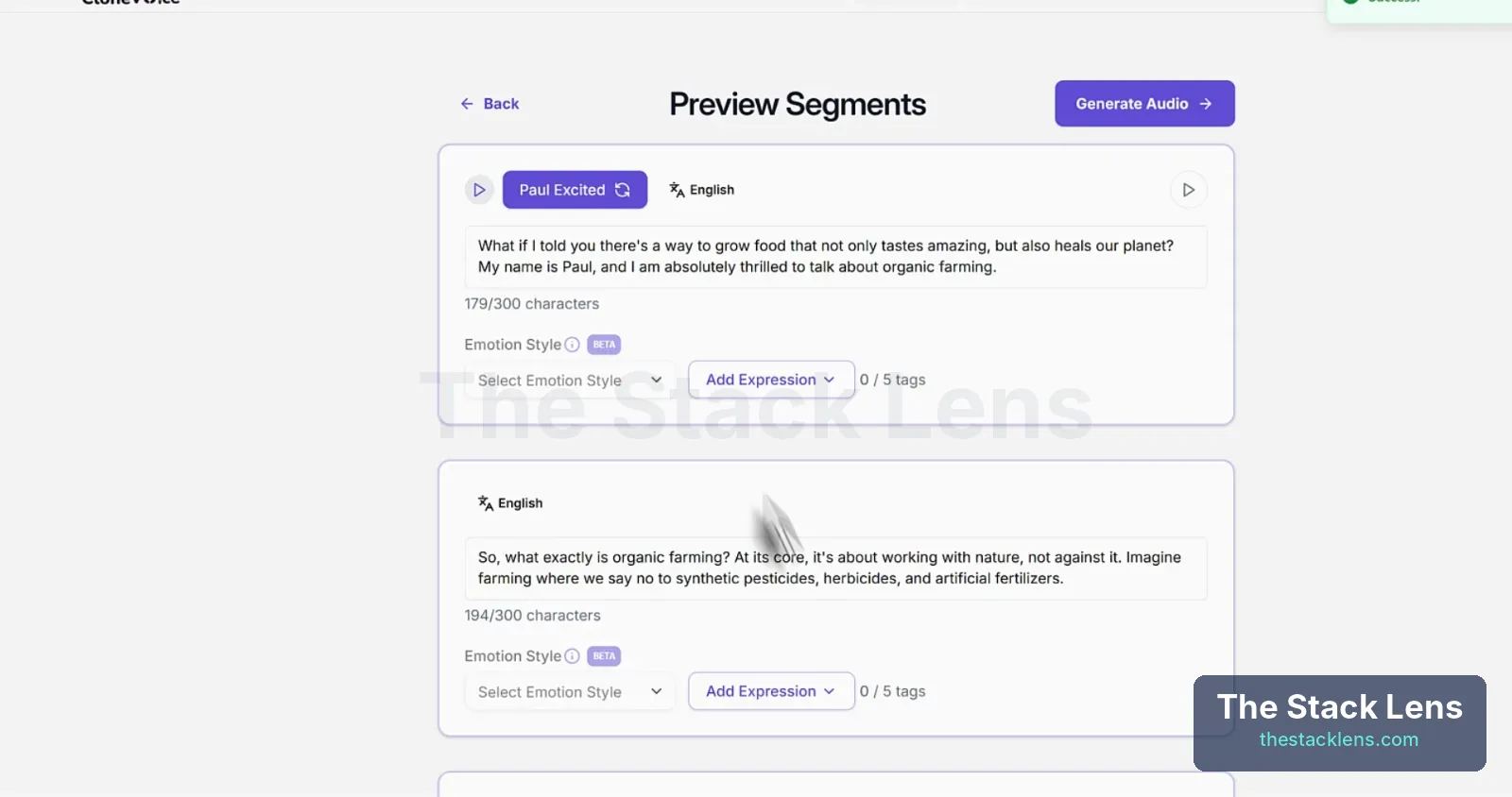 CloneVoice AI Preview Segments with emotion style and Add Expression options per segment