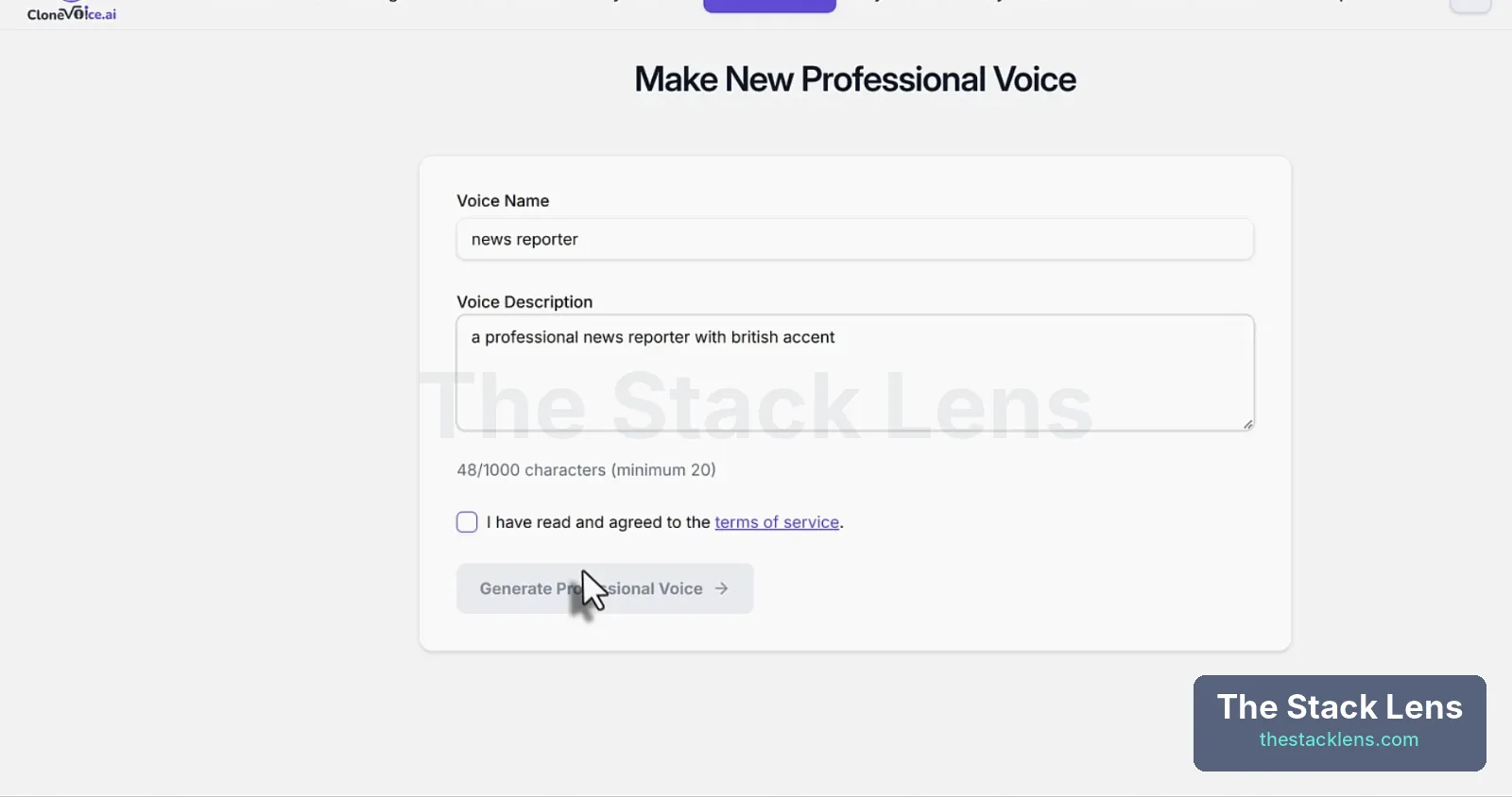 CloneVoice AI Make New Professional Voice with the description 'a professional news reporter with british accent'
