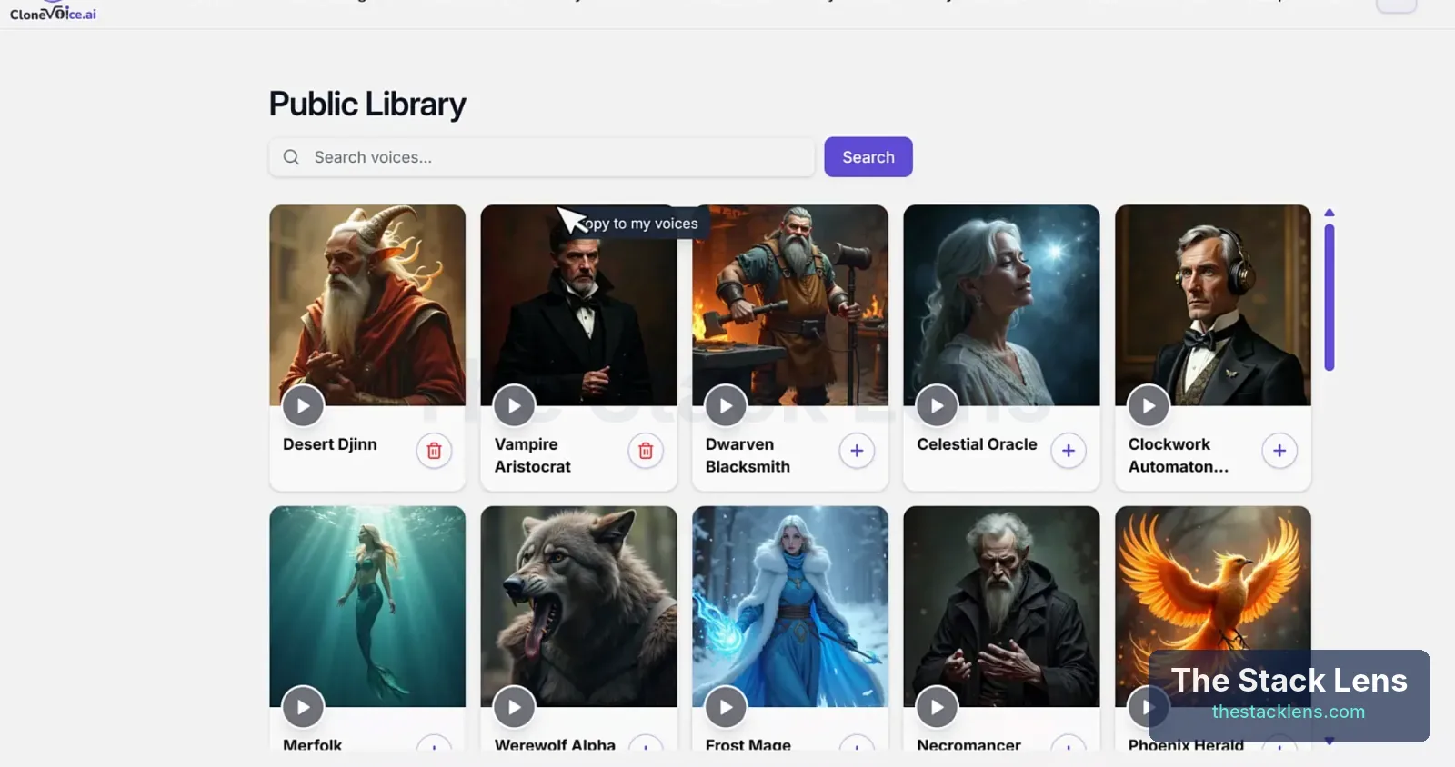 CloneVoice AI Public Library with character voices like Desert Djinn, Vampire Aristocrat, Celestial Oracle and Phoenix Herald
