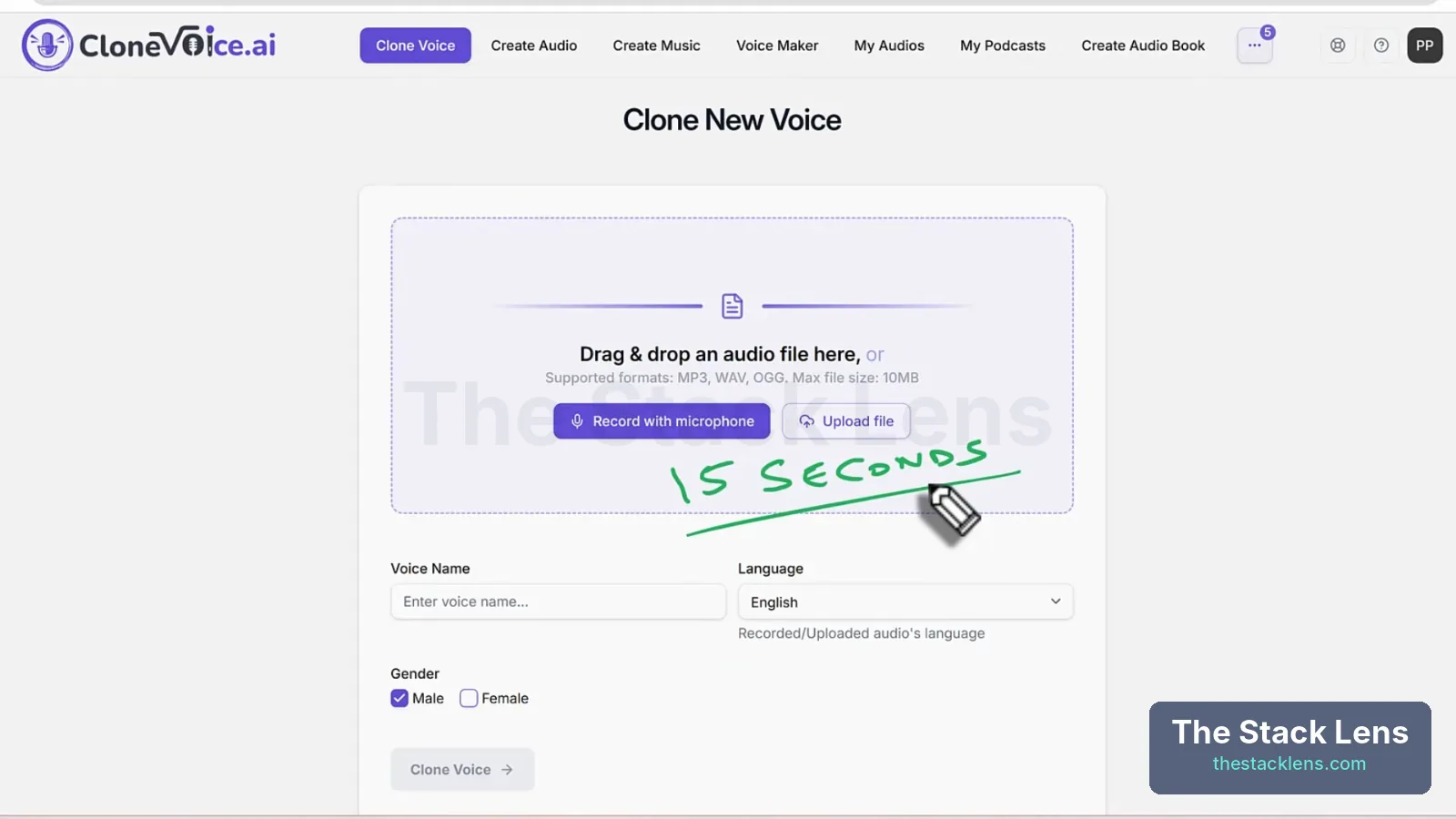 CloneVoice AI drag and drop audio area with Record with microphone and Upload file buttons, MP3 WAV OGG up to 10MB