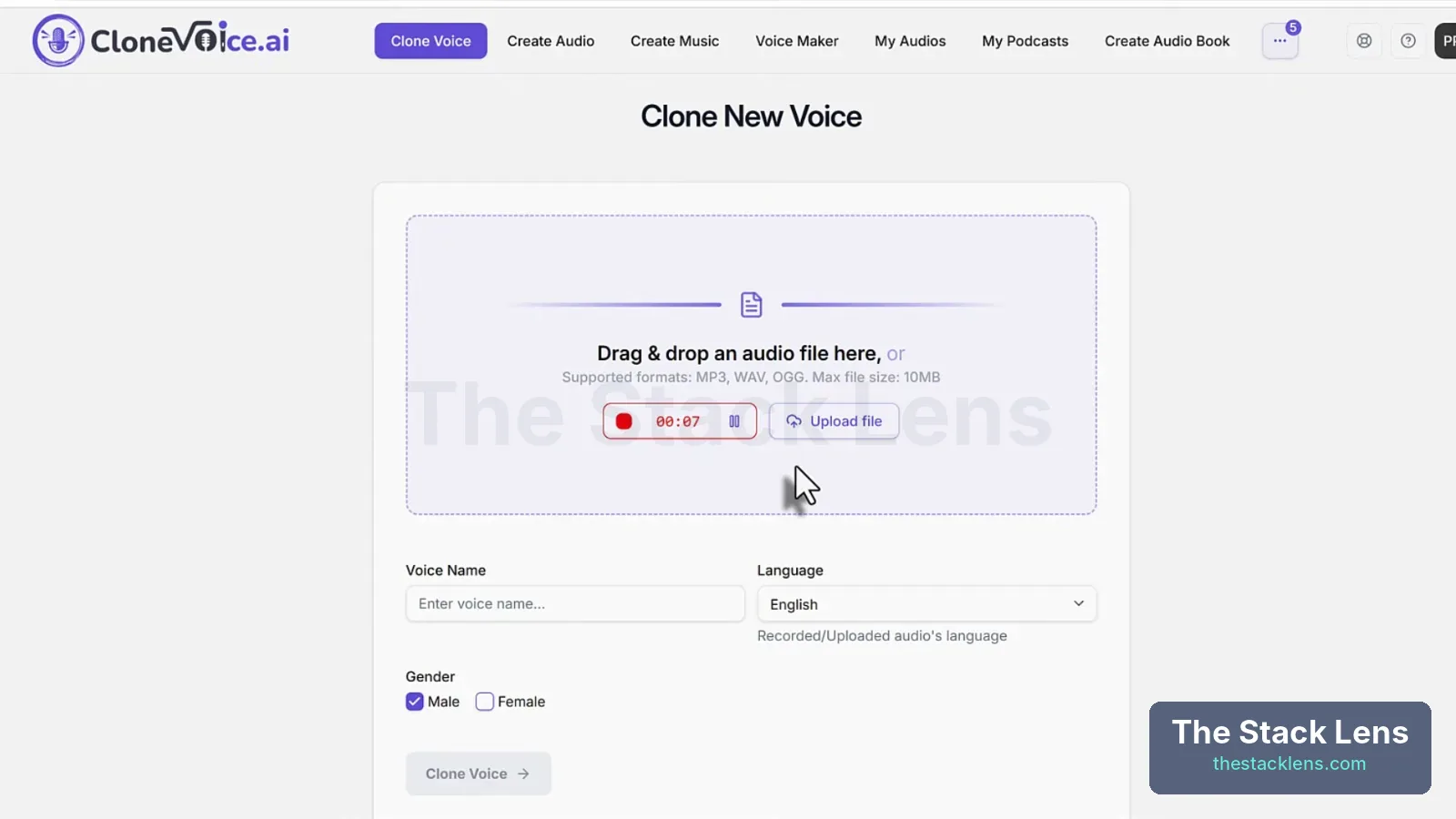 CloneVoice AI recording a voice sample in the browser with a timer at seven seconds