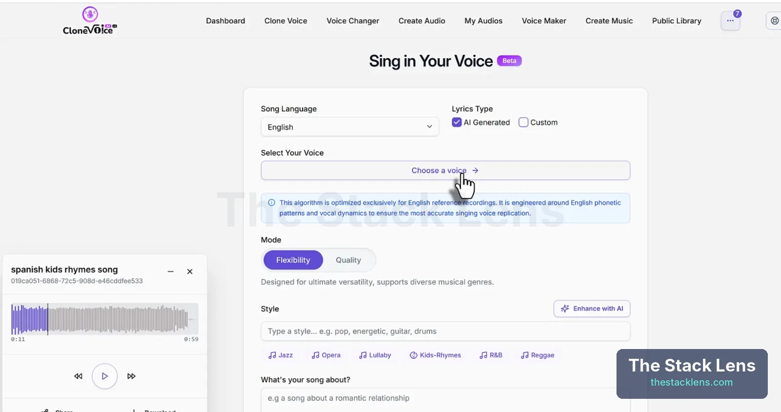 CloneVoice AI Sing in Your Voice beta with song language, lyrics type, voice, mode and style