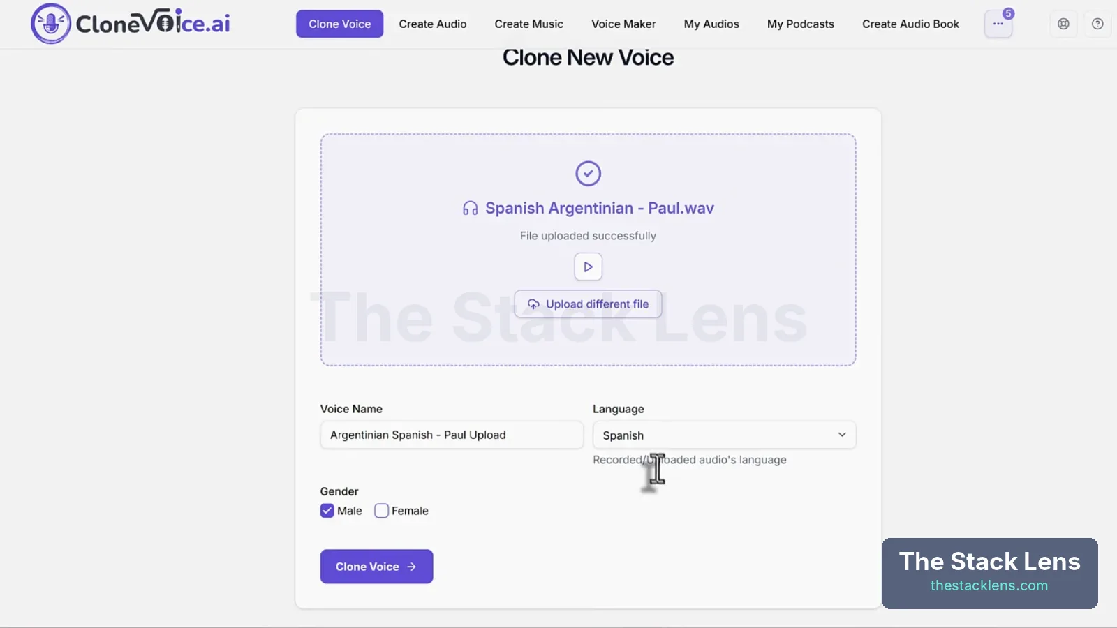 CloneVoice AI uploading a Spanish Argentinian voice sample with language set to Spanish