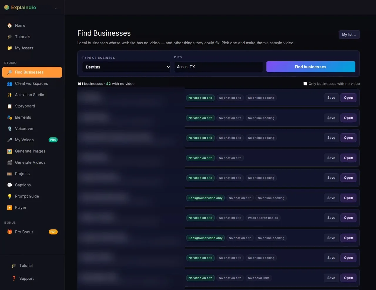 Explaindio 5 AI Find Businesses search for dentists in Austin showing businesses with no video