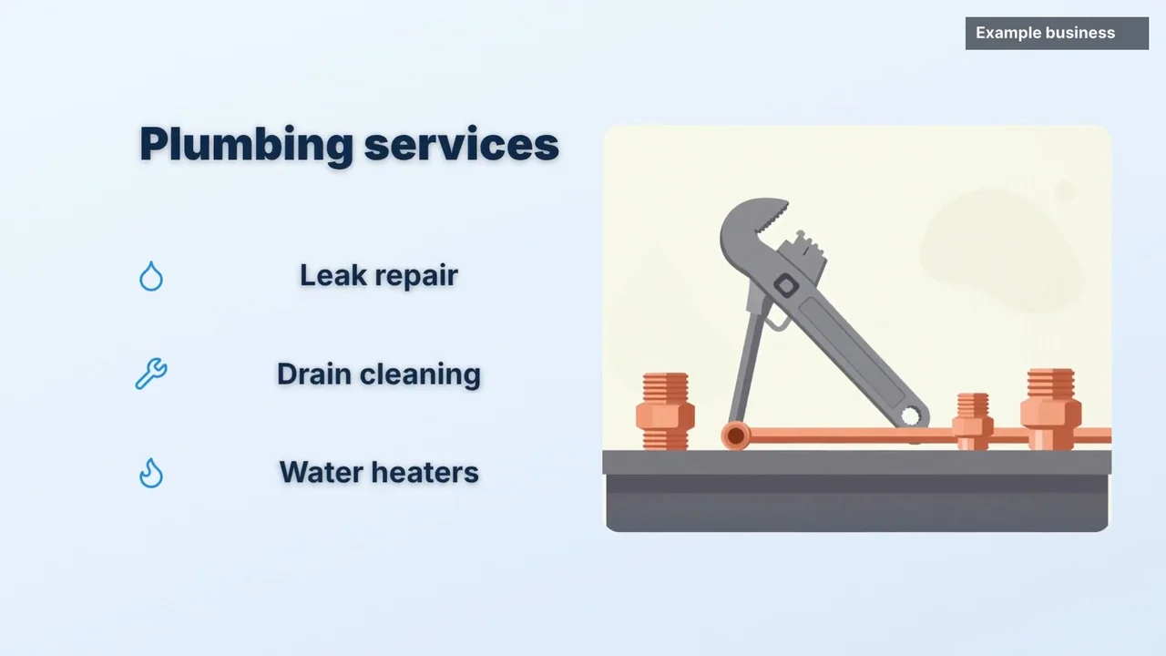 Finished Explaindio 5 AI video for a plumbing business listing leak repair, drain cleaning and water heaters