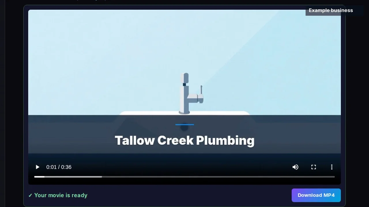 Explaindio 5 AI rendered sample video for a plumbing business with Download MP4 button