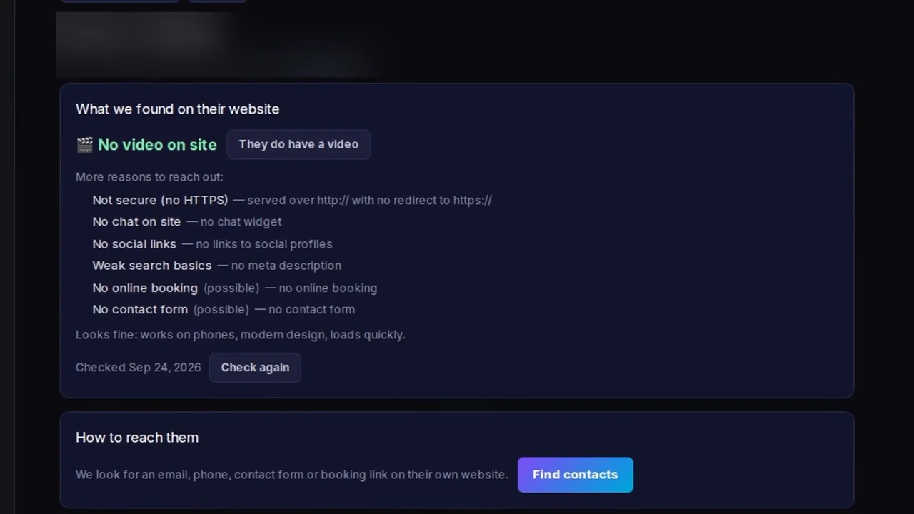 Explaindio 5 AI website check showing no video on site, no HTTPS, no chat and other reasons to reach out