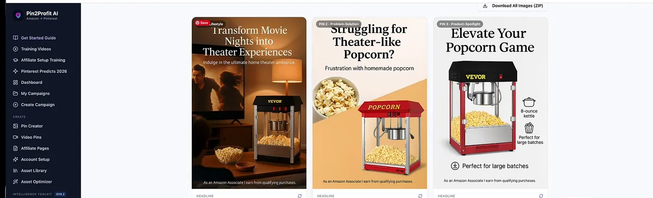 Pin2Profit AI generated pins in different styles with titles descriptions and keywords for a popcorn maker