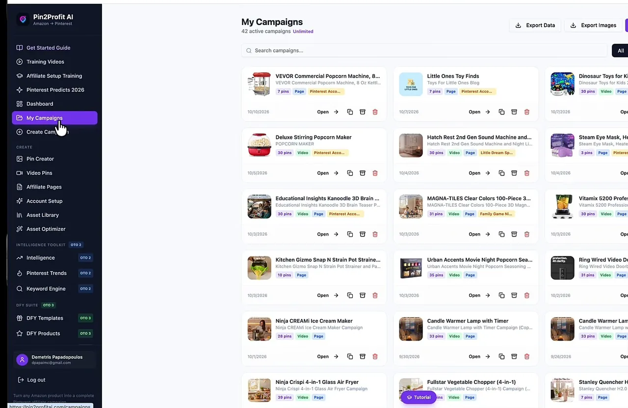 Pin2Profit AI My Campaigns dashboard with one campaign per Amazon product