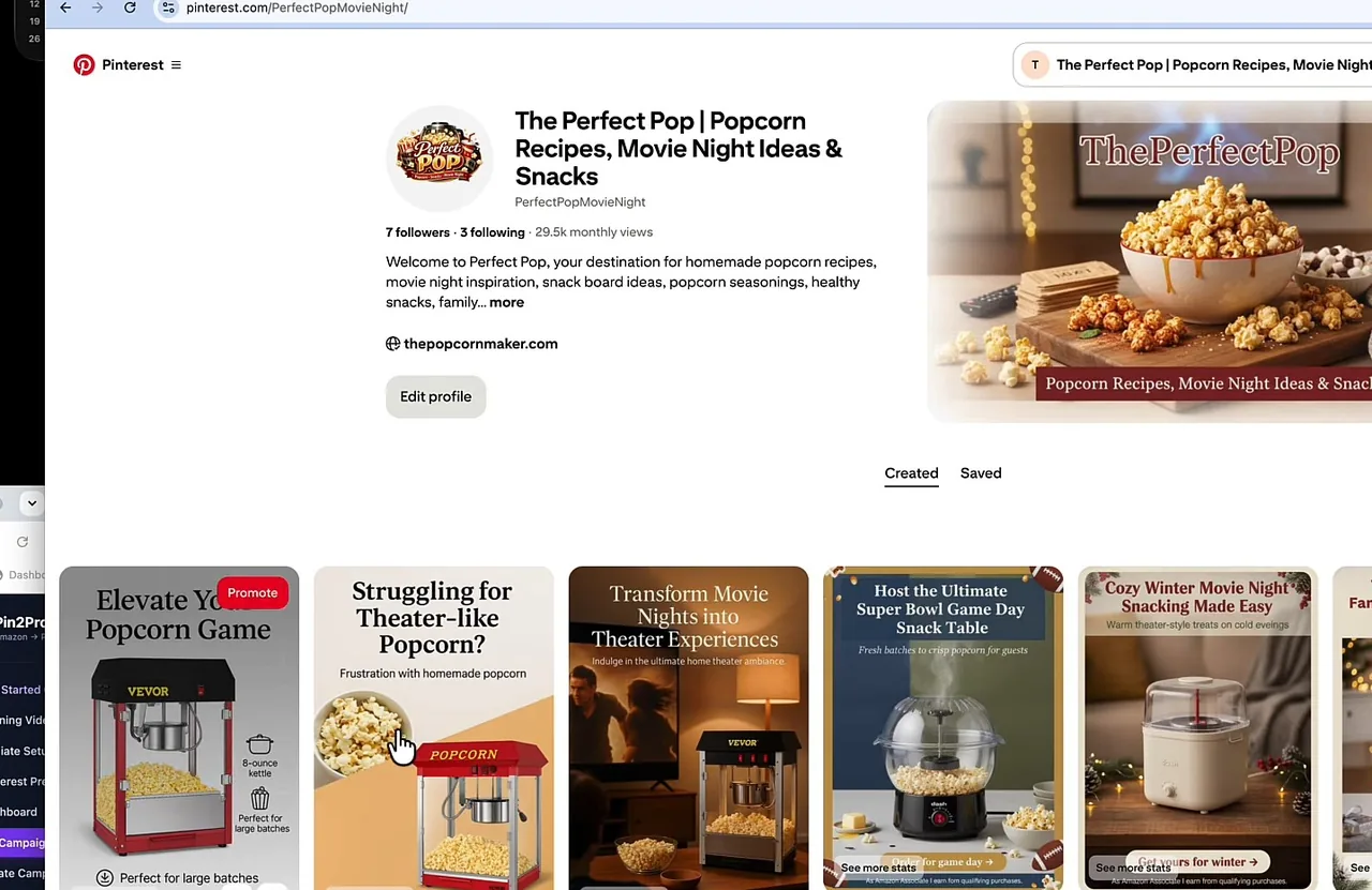 Pin2Profit AI pins published on a Pinterest profile about popcorn and movie nights