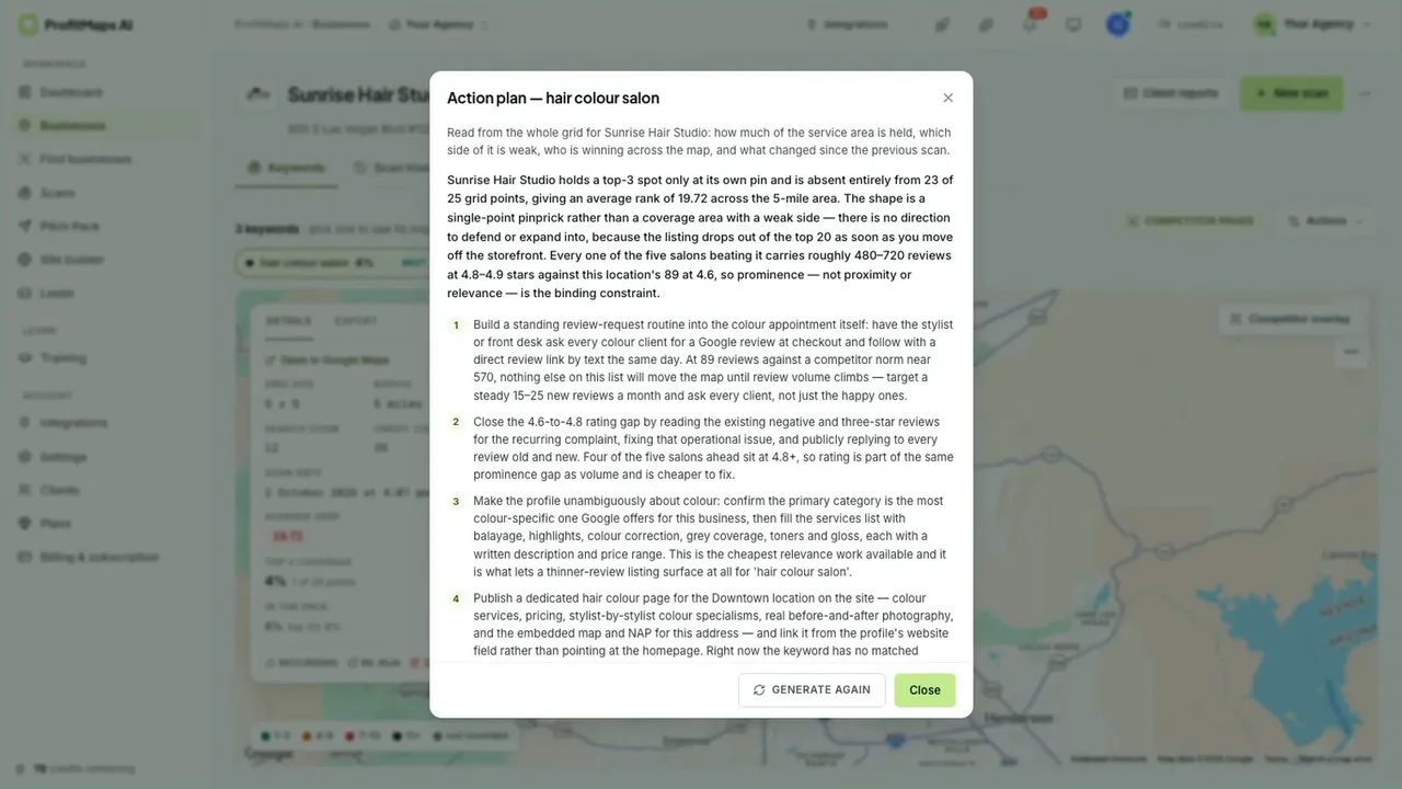 ProfitMaps AI action plan written from a scan, with numbered steps on reviews, rating and a dedicated service page