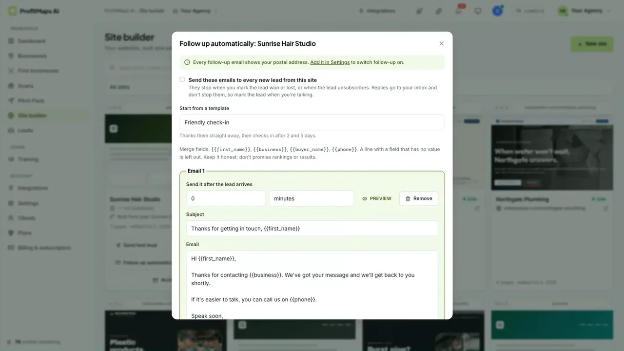 ProfitMaps AI automatic follow-up email settings with templates, merge fields and timing
