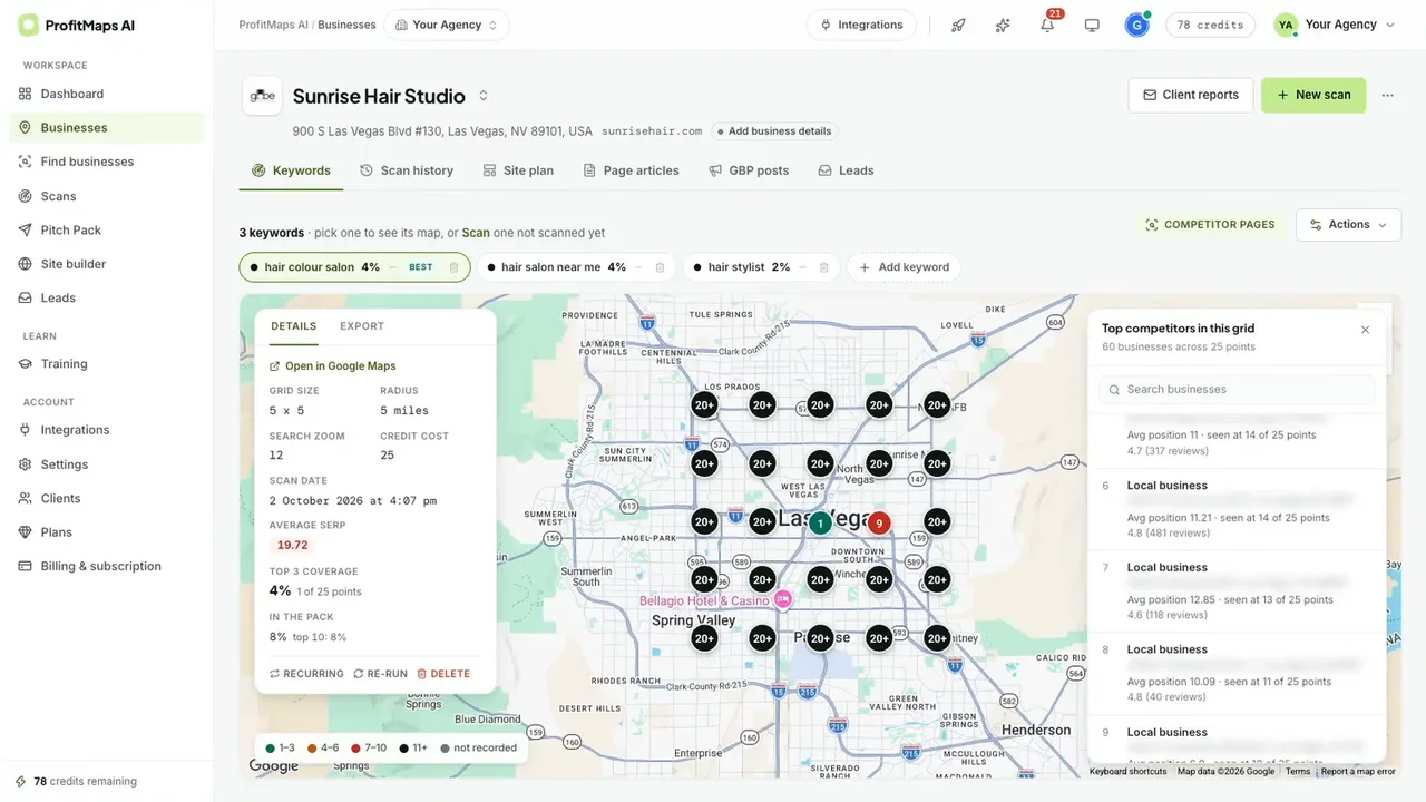ProfitMaps AI top competitors in this grid panel with average position and points seen