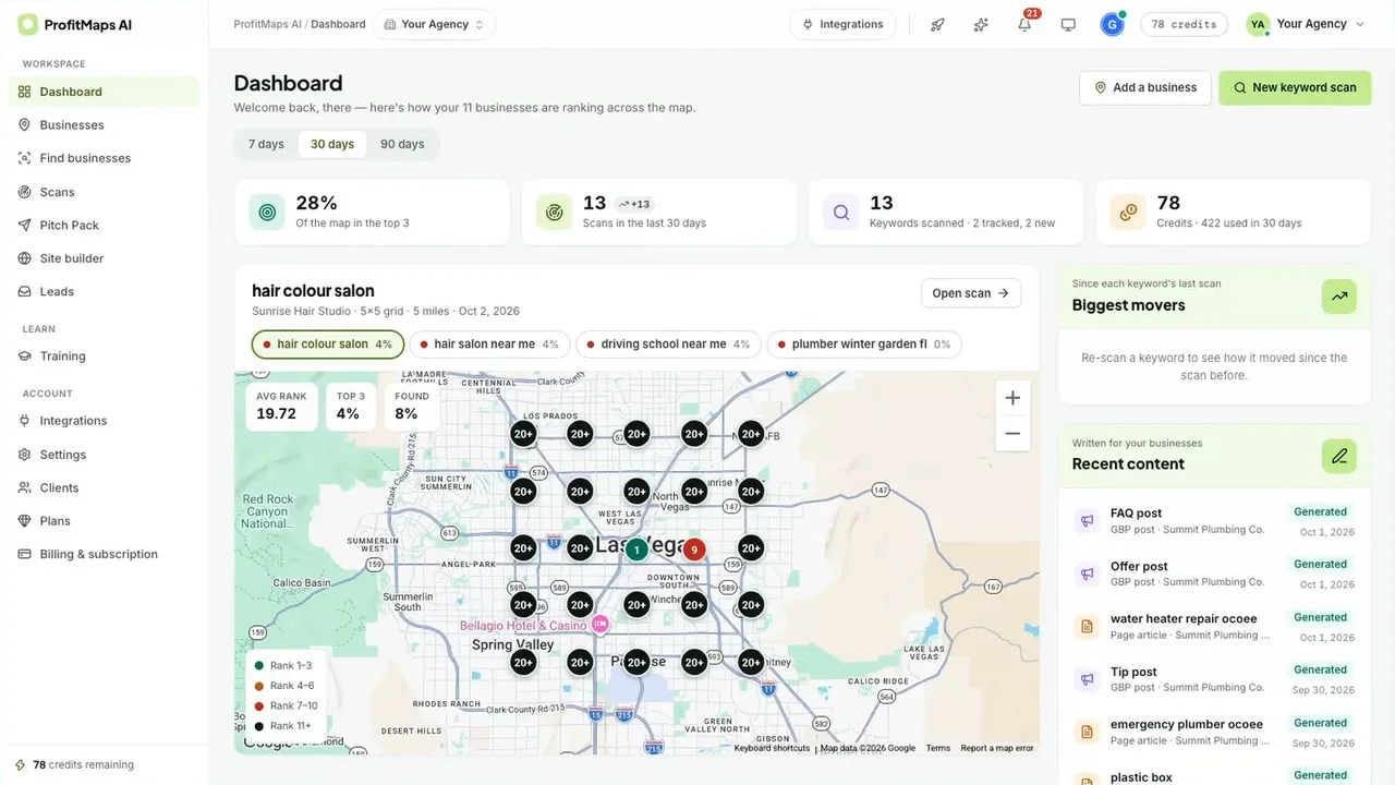 ProfitMaps AI dashboard showing top-3 coverage, scans, keywords, credits and a grid ranking map