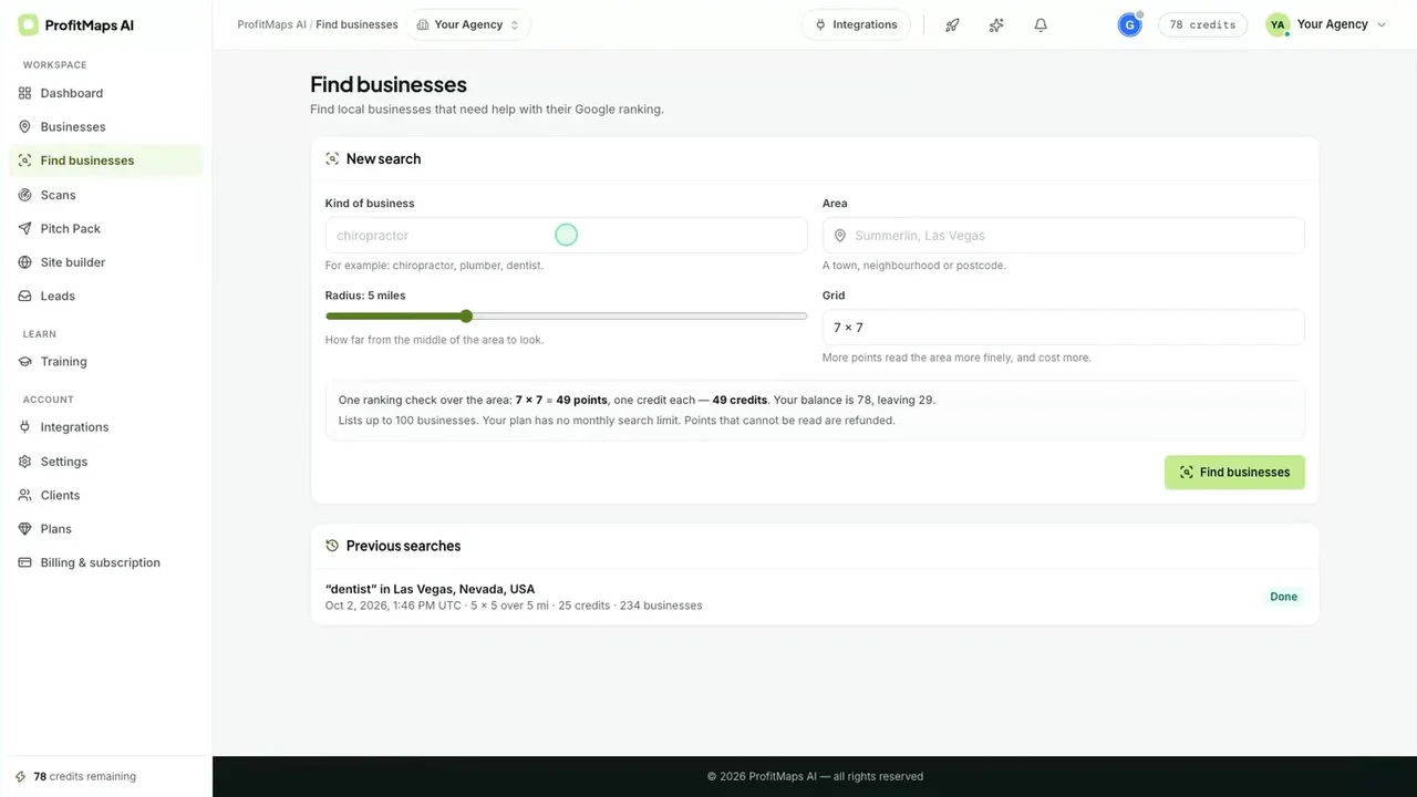 ProfitMaps AI Find businesses search with business type, area, radius, grid and credit cost