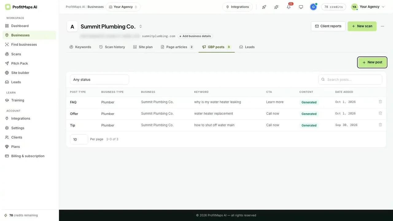 ProfitMaps AI Google Business Profile posts list with FAQ, offer and tip posts per keyword