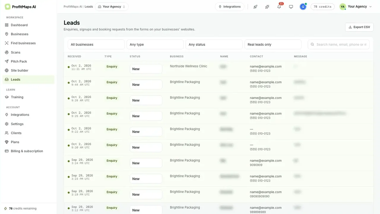 ProfitMaps AI leads inbox with enquiries, status, business and contact details