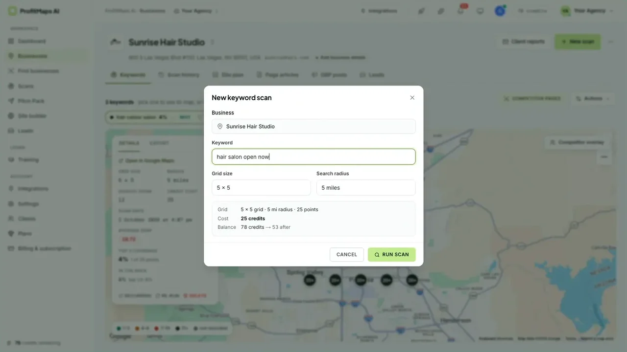 ProfitMaps AI new keyword scan dialog showing 5 by 5 grid, 5 mile radius, 25 credits cost and balance after