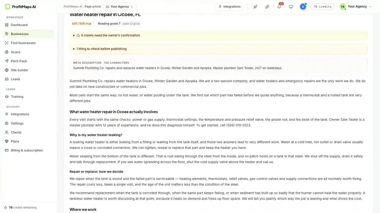 ProfitMaps AI page article editor flagging claims that need the owner's confirmation before publishing