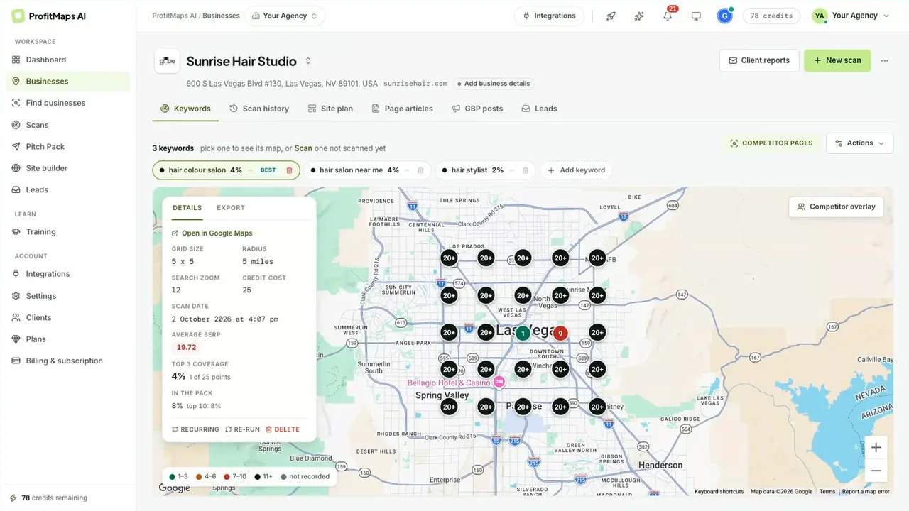 ProfitMaps AI Google Maps ranking grid with rank numbers on each of 25 points around a business