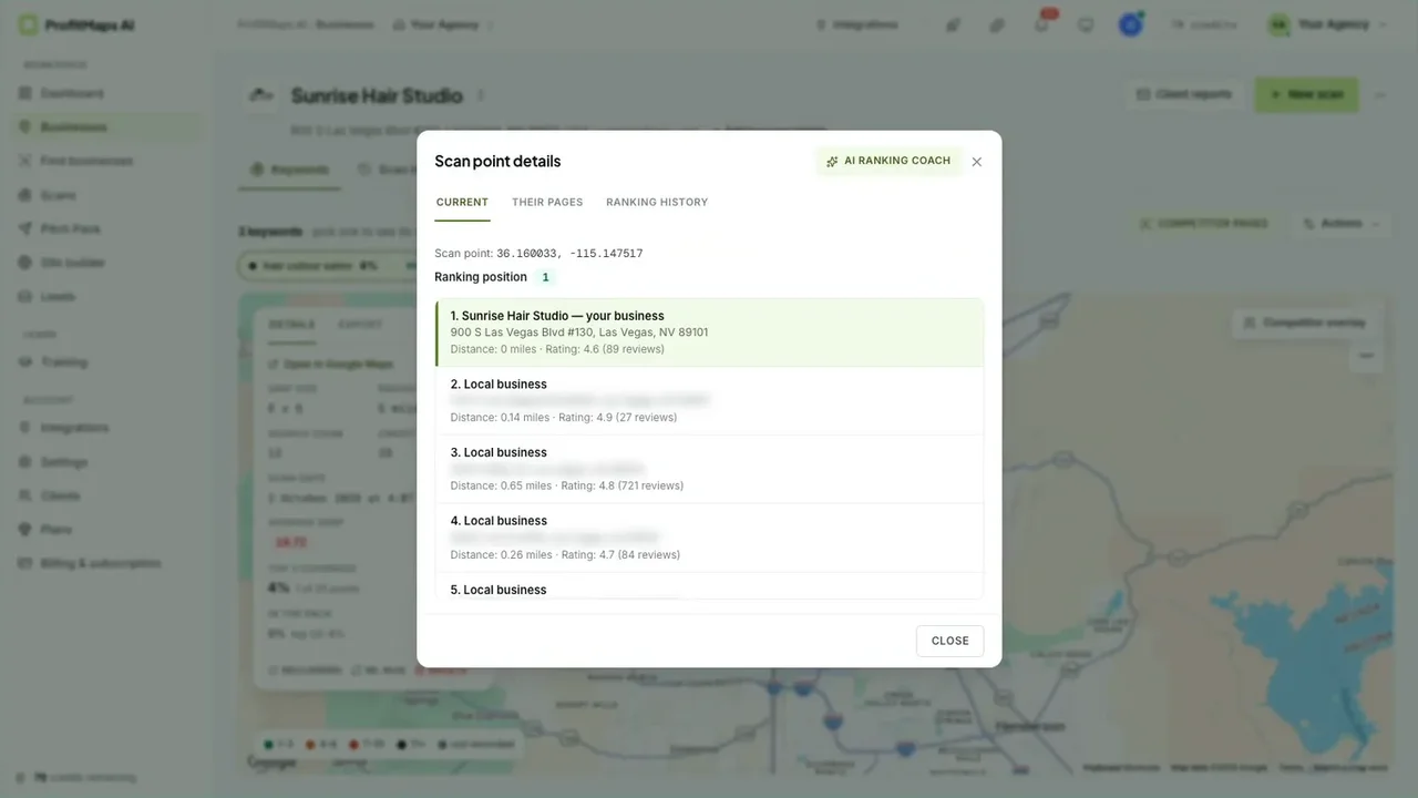 ProfitMaps AI scan point details listing the businesses ranking from one grid point with ratings and reviews