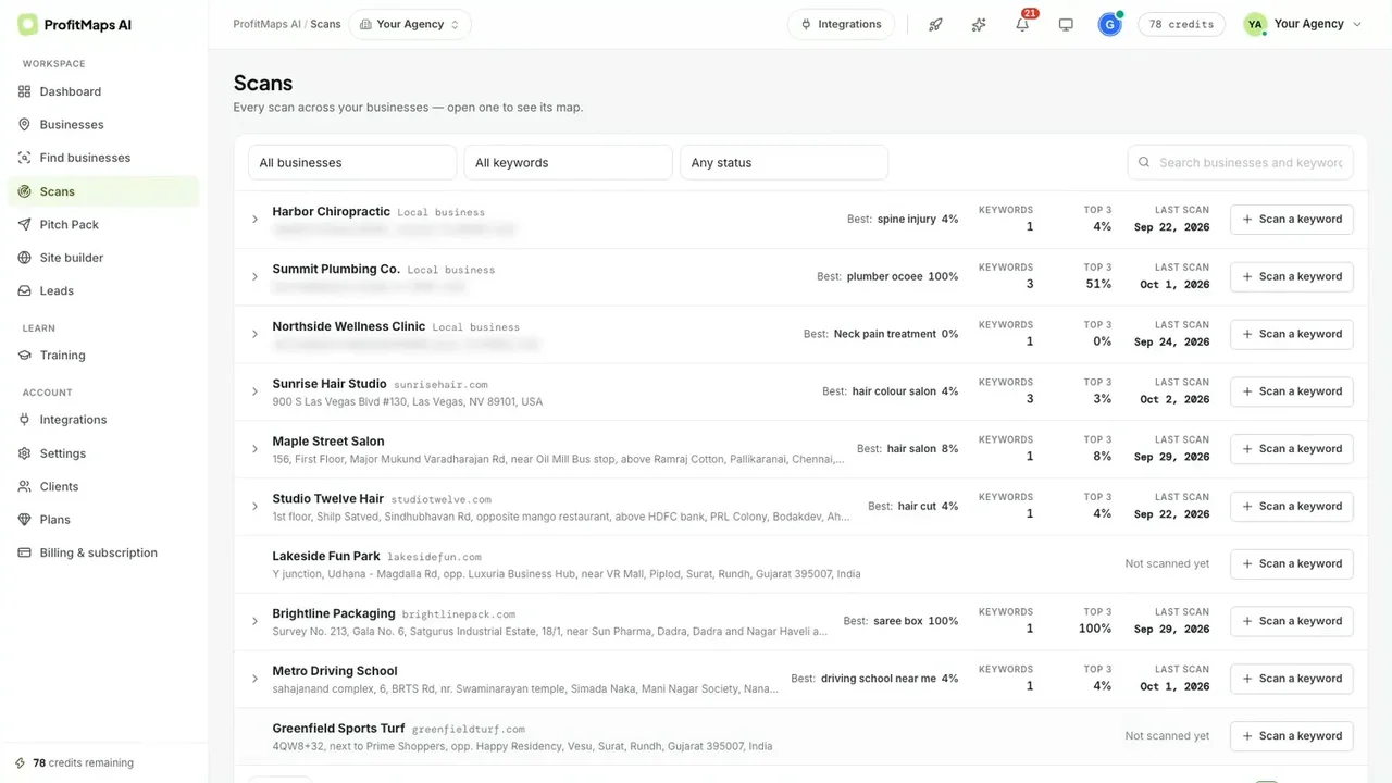 ProfitMaps AI scans list with businesses, best keyword, top 3 percentage and last scan date