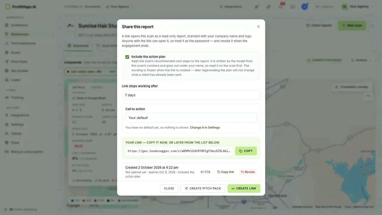 ProfitMaps AI share this report dialog with action plan option, link expiry and copy link