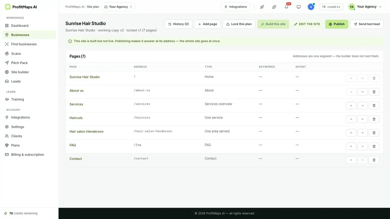 ProfitMaps AI site plan listing home, about, services, service, area, FAQ and contact pages