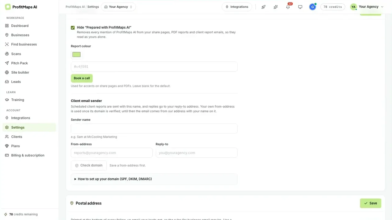 ProfitMaps AI branding settings to hide Prepared with ProfitMaps AI, set report colour and client email sender