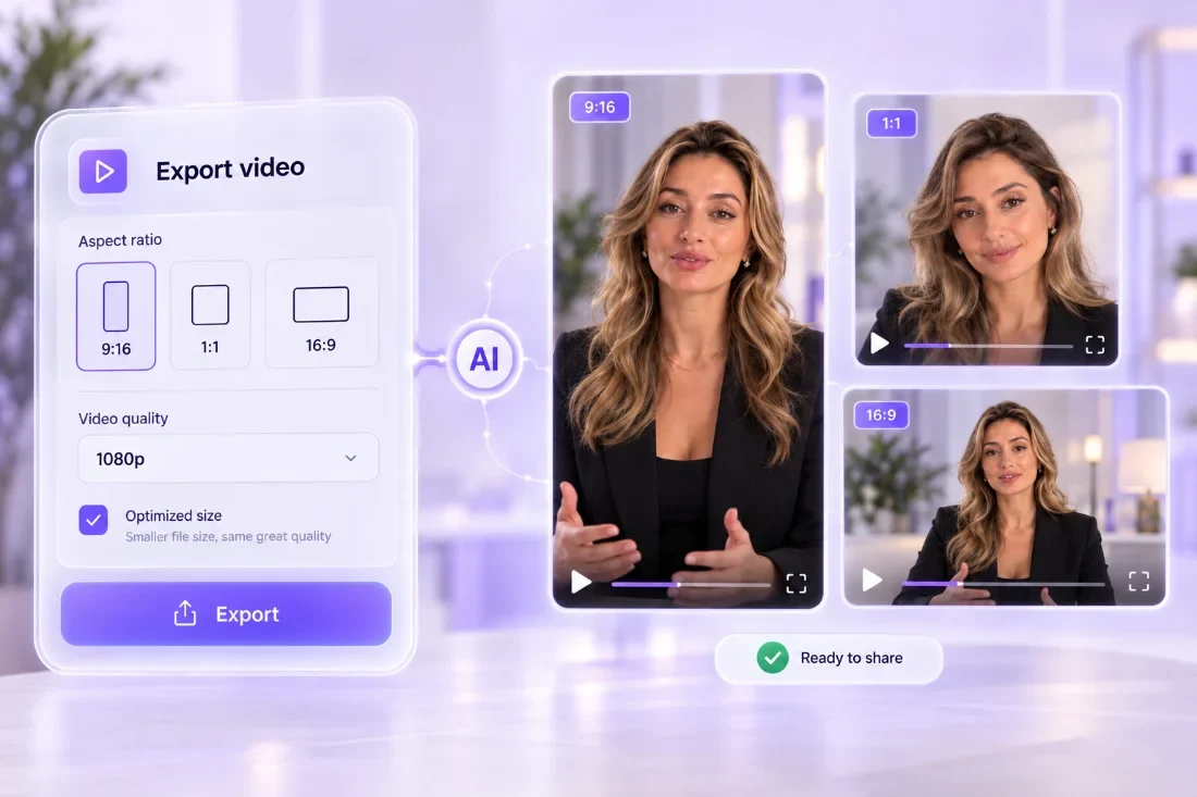 TwinClips AI export video panel with 9:16, 1:1 and 16:9 aspect ratios at 1080p