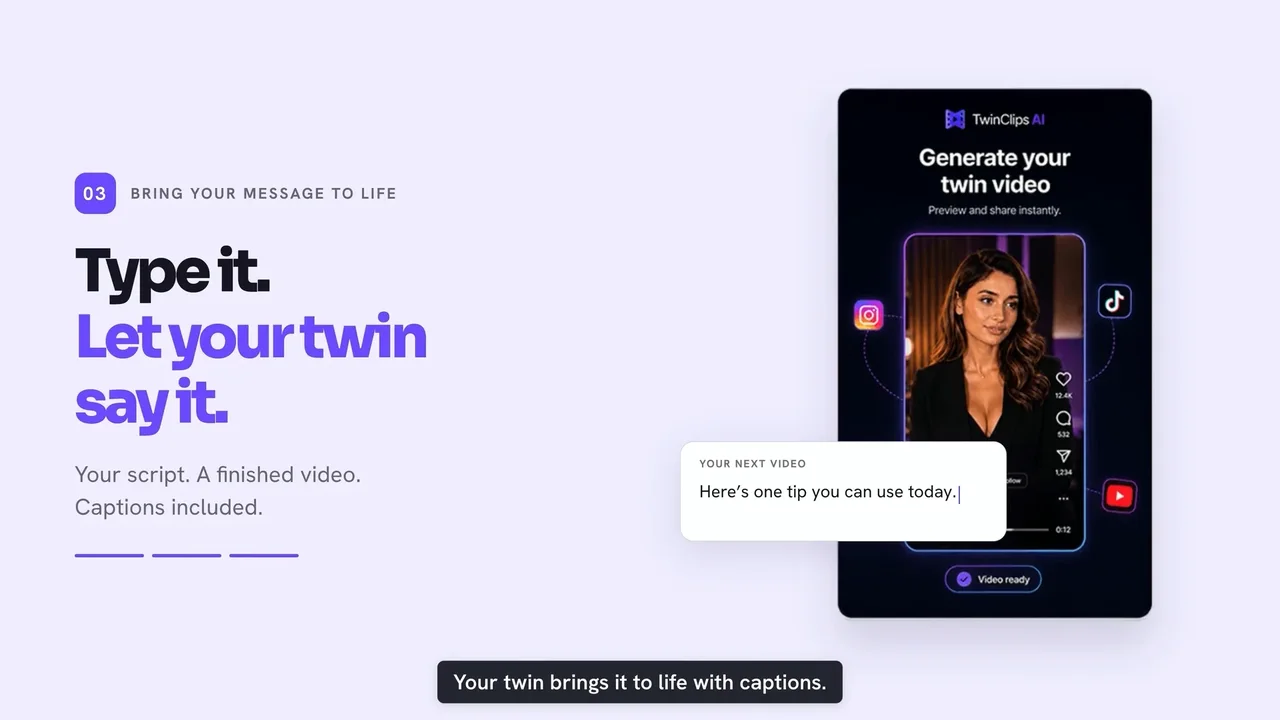TwinClips AI generate your twin video screen with script and captions for TikTok, Instagram and YouTube