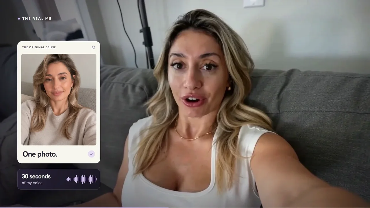 TwinClips AI demo showing one selfie photo and a 30-second voice sample used to create an AI twin