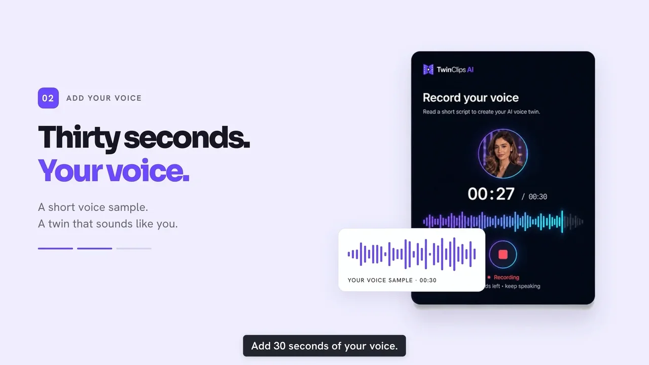 TwinClips AI record your voice screen with a 30-second timer and waveform