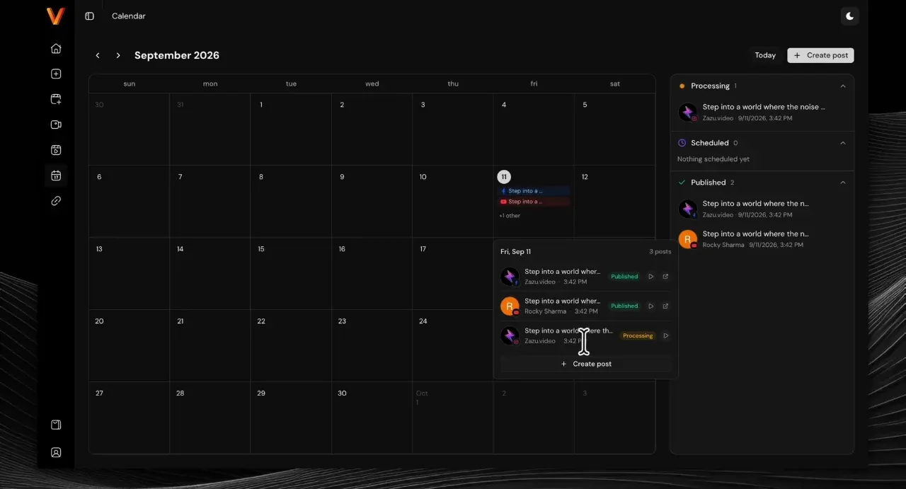 Videosly AI content calendar for September 2026 with processing, scheduled and published posts
