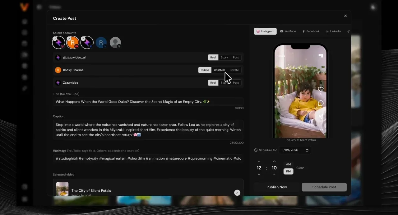 Videosly AI Create Post screen with account selection, Reel Story Post options, YouTube title, caption, hashtags and schedule time