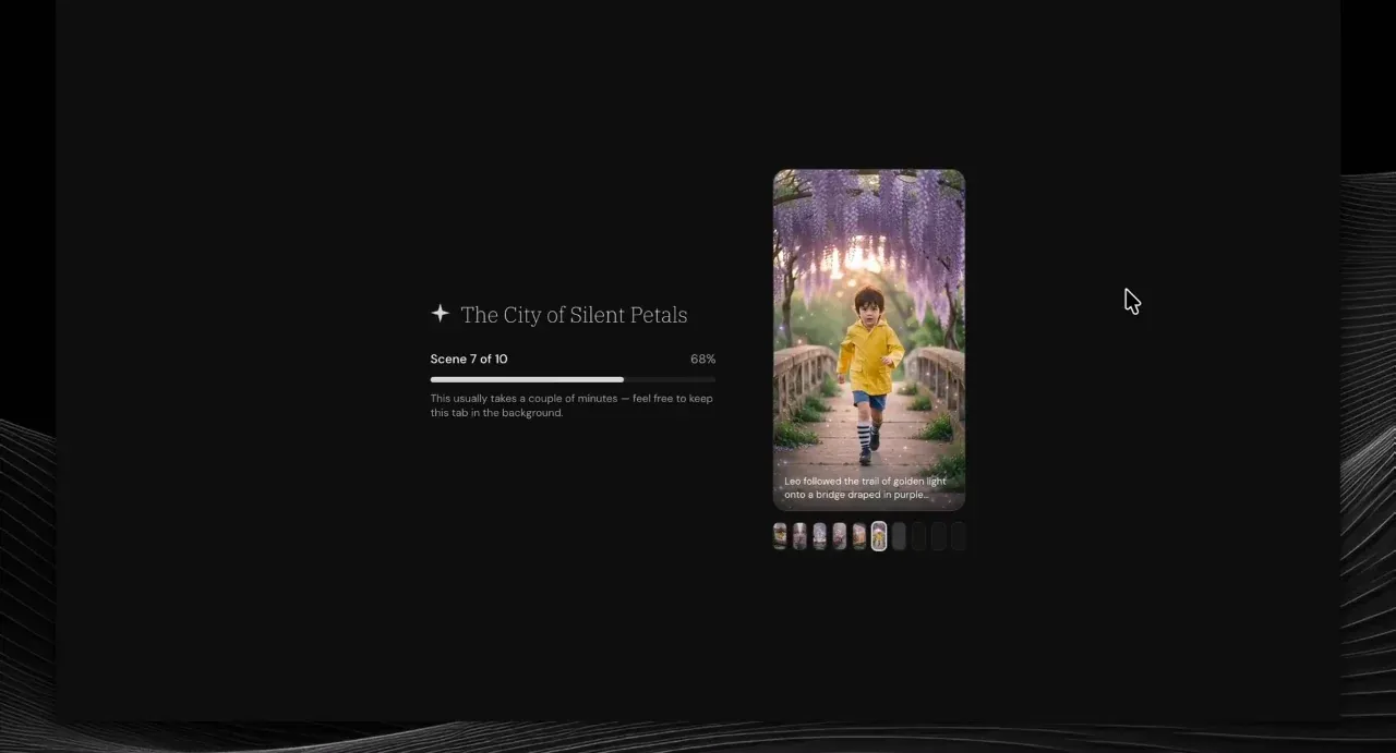 Videosly AI generating The City of Silent Petals, scene 7 of 10 at 68 percent, with a note that it usually takes a couple of minutes