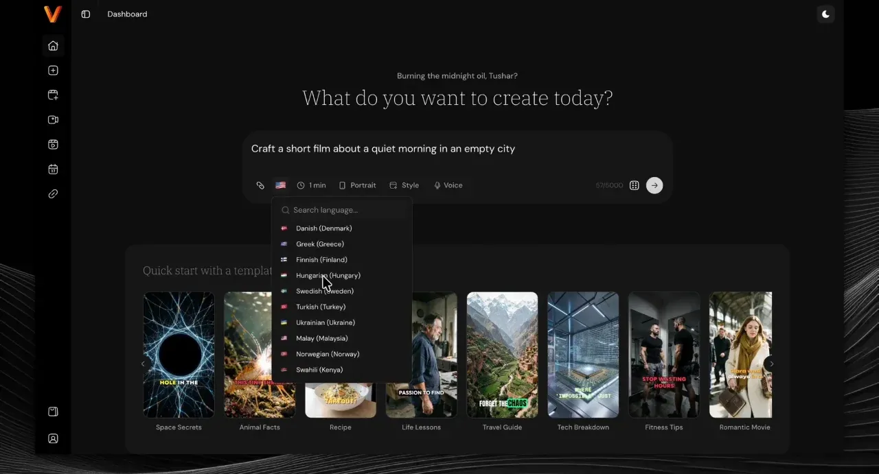 Videosly AI language search dropdown under the prompt box