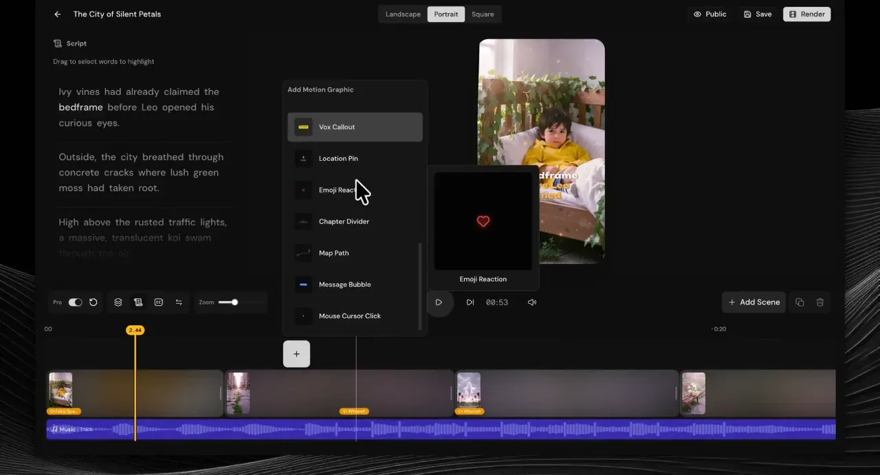 Videosly AI timeline with the Add Motion Graphic menu showing Vox Callout, Location Pin, Emoji Reaction and Chapter Divider